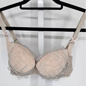 Vintage Womens Sz 34C Sexy Padded Push Up Bra Light Pink w/ Gray Lace Overlay